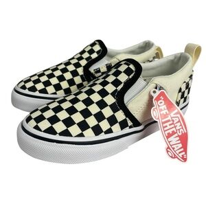 Vans Kids Black and Natural Asher V Canvas Checkerboard Slip-On Shoe Size 10 NWT
